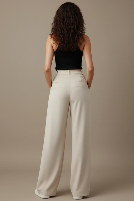 Pantalon Fluide Beige Ample Plissé Décontracté Élégant - Polyester - vue 2