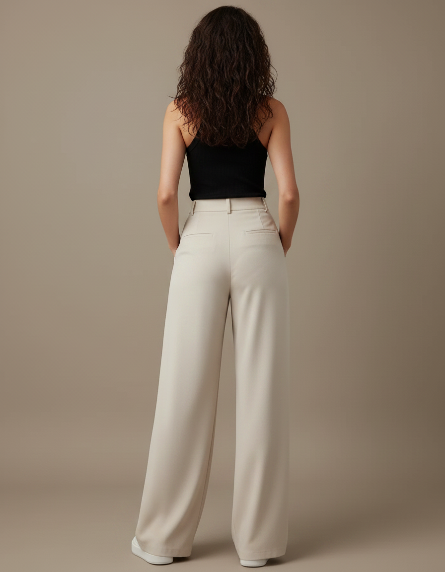 Pantalon Fluide Beige Ample Plissé Décontracté Élégant - Polyester - vue 2
