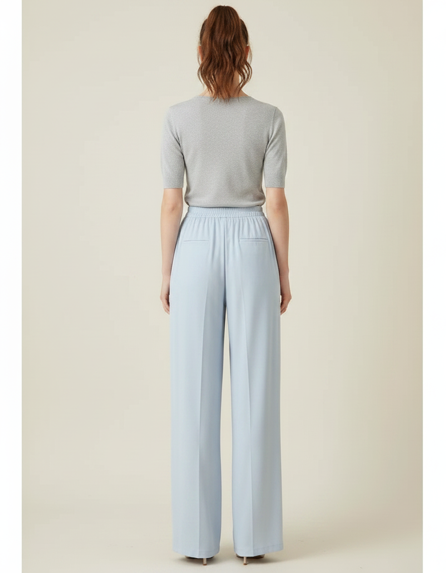Pantalon Fluide Bleu Ciel Ample Taille Haute Satiné - vue 2
