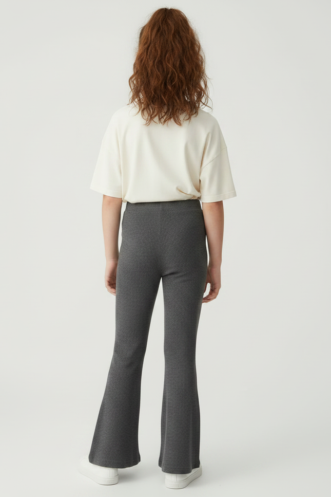 Pantalon Fluide Gris Côtelé Évasé Confortable Fille - Maille - vue 2