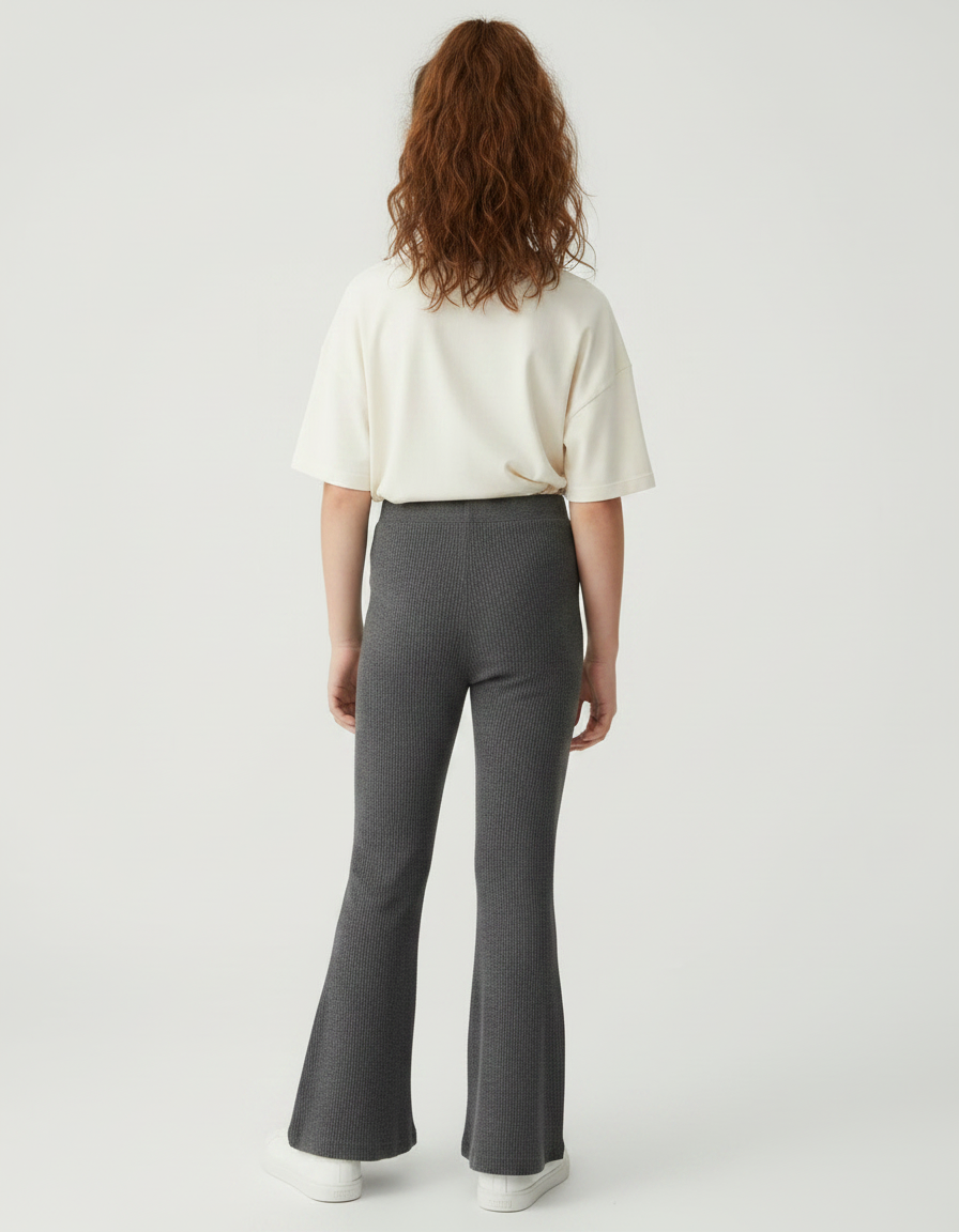 Pantalon Fluide Gris Côtelé Évasé Confortable Fille - Maille - vue 2