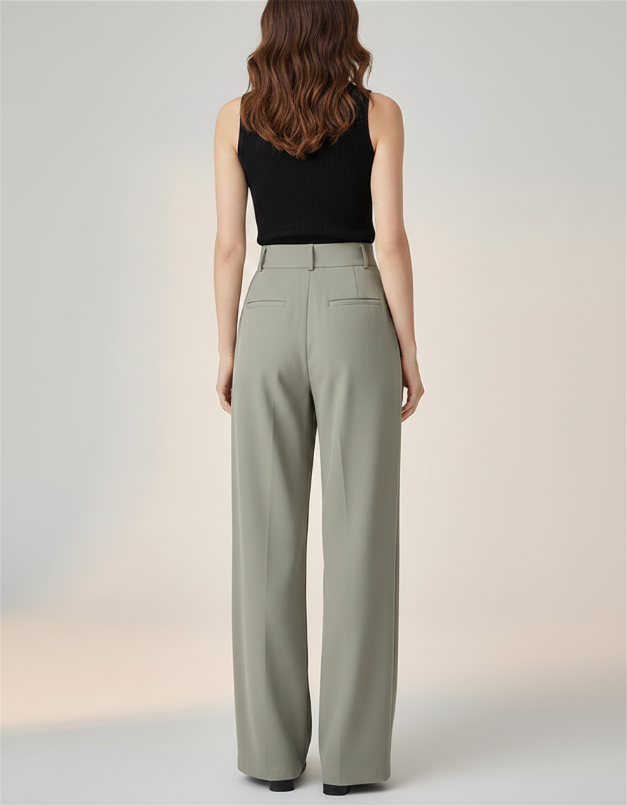 Pantalon Fluide Vert Ample Taille Haute Élégant Femme - Polyester - vue 2