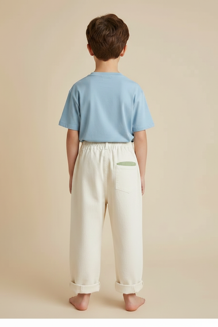 Pantalon Fluide Écru Brodé Animaux Ample Coton Garçon - Beige - vue 2