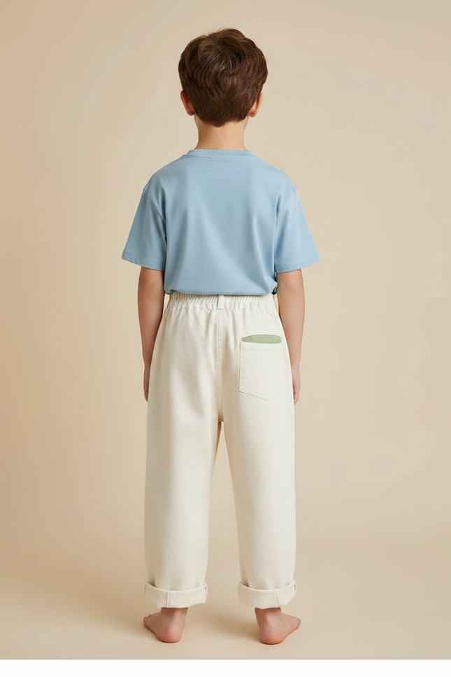 Pantalon Fluide Écru Brodé Animaux Ample Coton Garçon - Beige - vue 2