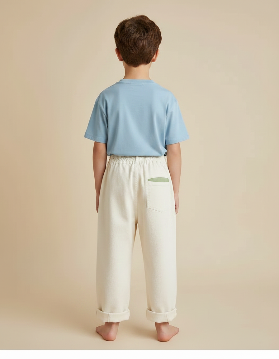 Pantalon Fluide Écru Brodé Animaux Ample Coton Garçon - Beige - vue 2