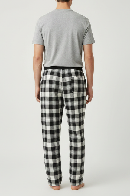 Pantalon Fluide Carreaux Noir Blanc Ample Décontracté Homme - Imprimé Molleton - vue 2