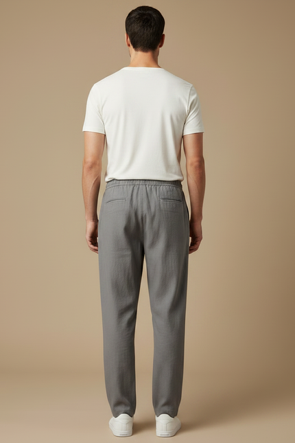 Pantalon Fluide Gris Coton Lin Ample Décontracté Homme - vue 2