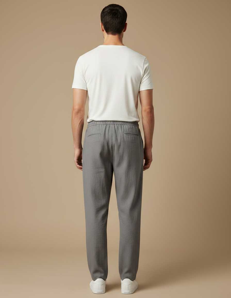 Pantalon Fluide Gris Coton Lin Ample Décontracté Homme - vue 2