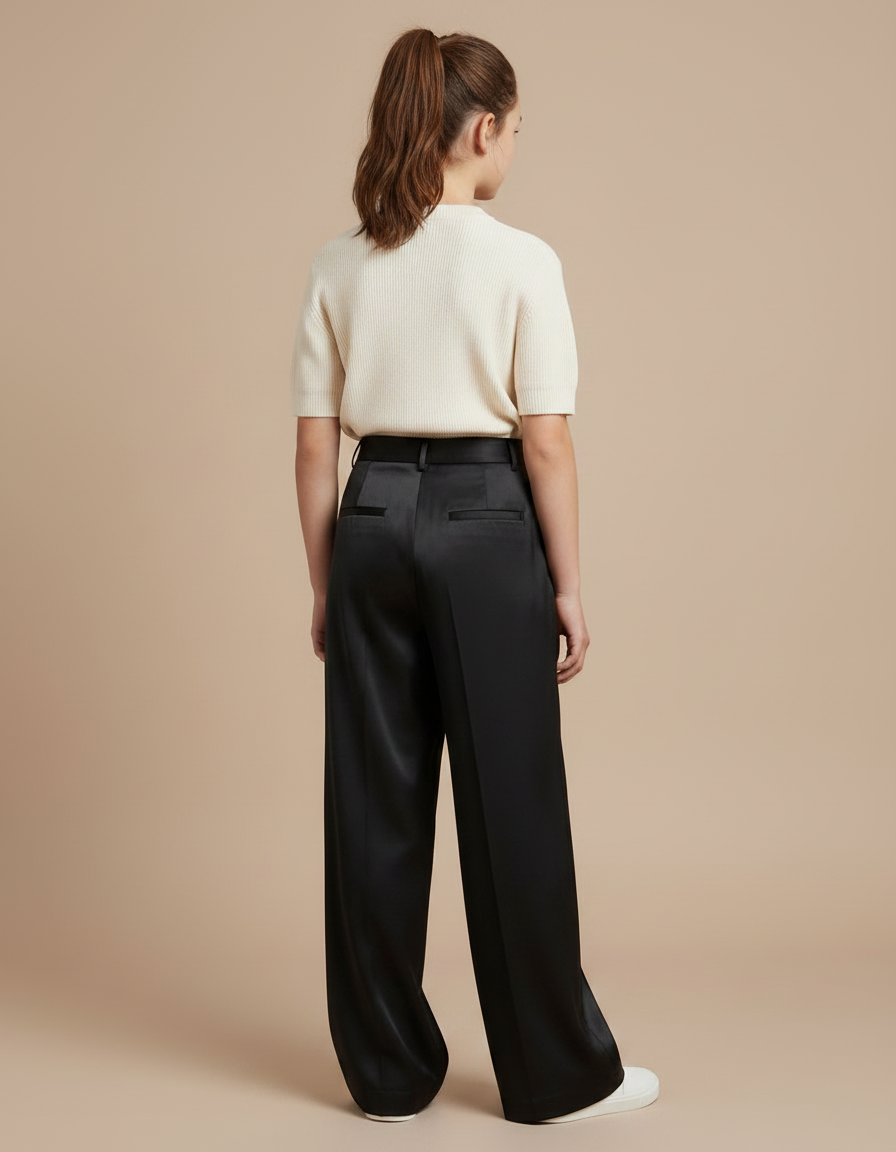 Pantalon Fluide Noir Satiné Large Décontracté Élégant - vue 2