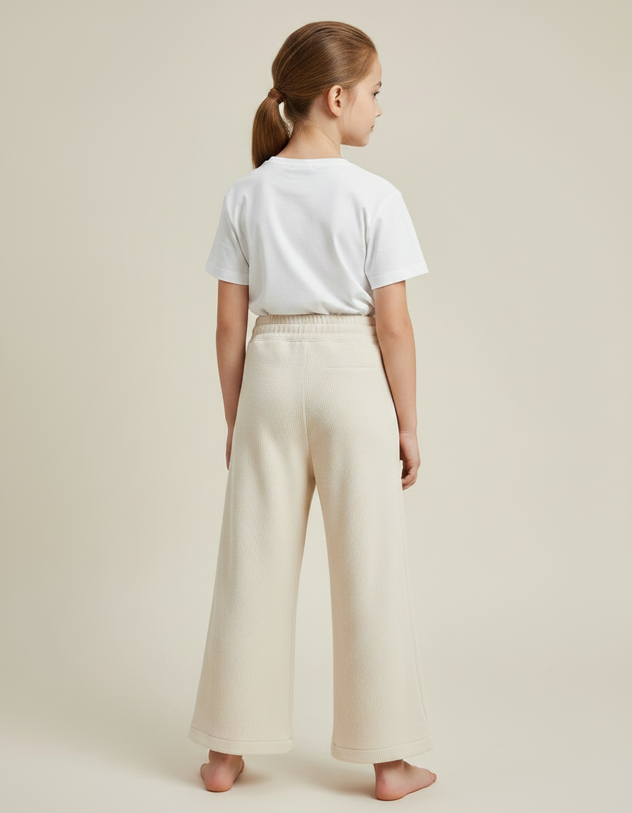 Pantalon Fluide Crème Côtelé Ample Décontracté Fille - Beige Cordé - vue 2