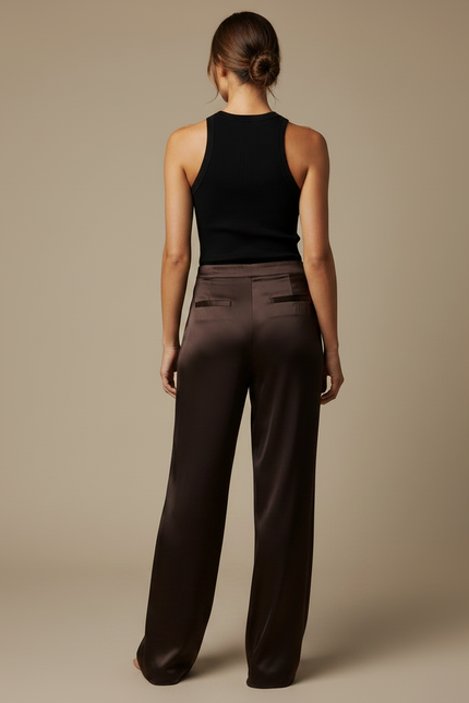 Pantalon Fluide Marron Satiné Ample Élégant Taille Haute - vue 2