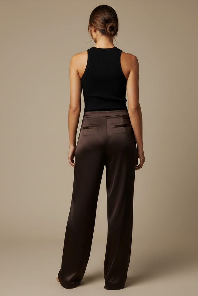 Pantalon Fluide Marron Satiné Ample Élégant Taille Haute - vue 2