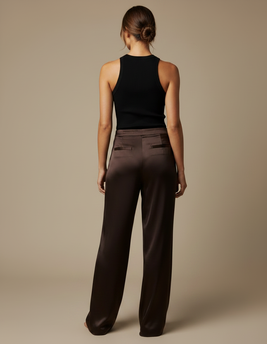 Pantalon Fluide Marron Satiné Ample Élégant Taille Haute - vue 2