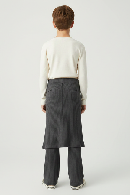 Pantalon Fluide Gris Côtelé Asymétrique Boutons Décontracté - Maille - vue 2