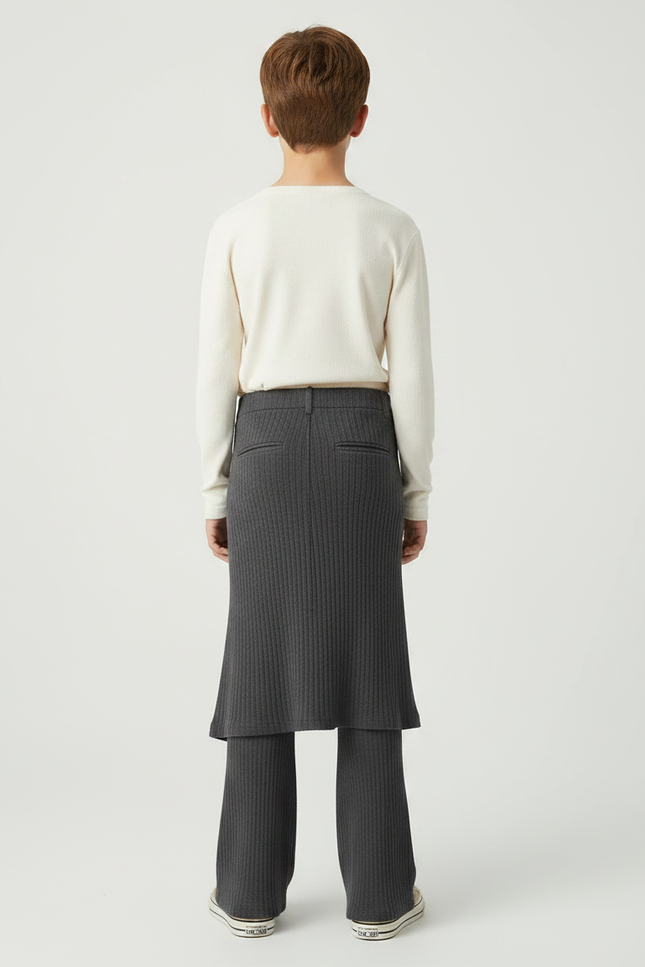 Pantalon Fluide Gris Côtelé Asymétrique Boutons Décontracté - Maille - vue 2