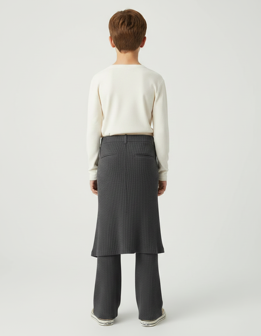 Pantalon Fluide Gris Côtelé Asymétrique Boutons Décontracté - Maille - vue 2