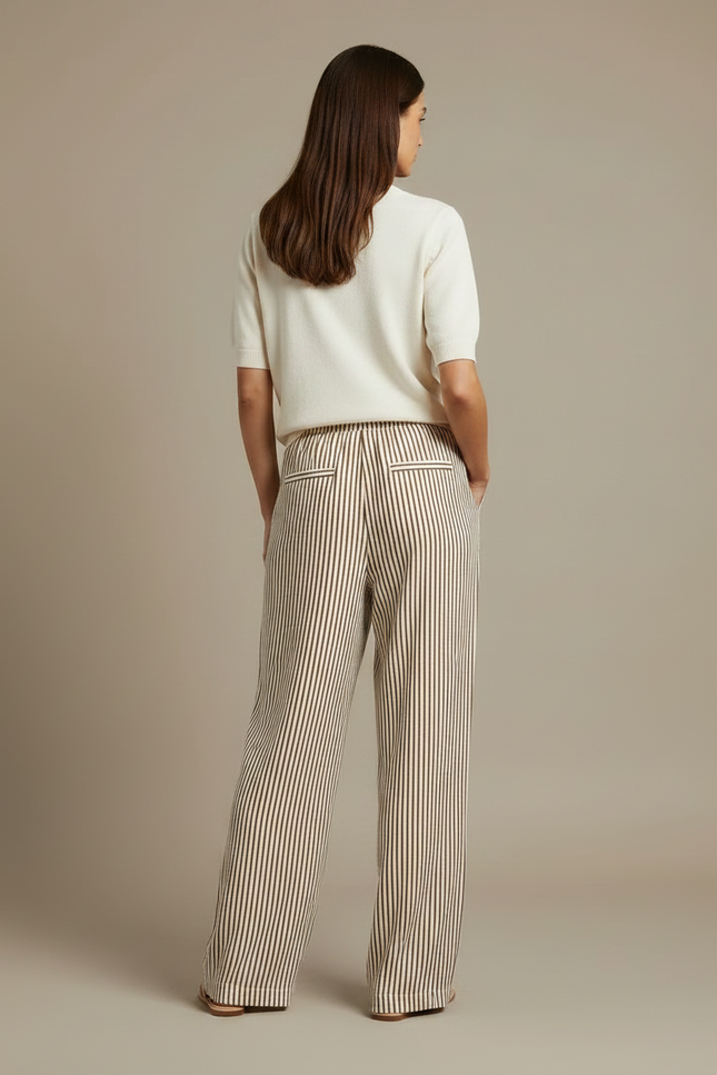 Pantalon Fluide Rayé Marron Ample Cordon Décontracté - Viscose - vue 2