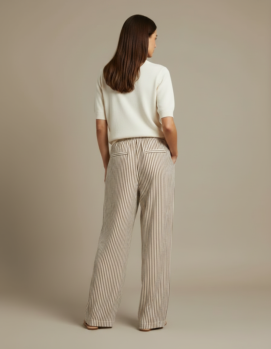 Pantalon Fluide Rayé Marron Ample Cordon Décontracté - Viscose - vue 2