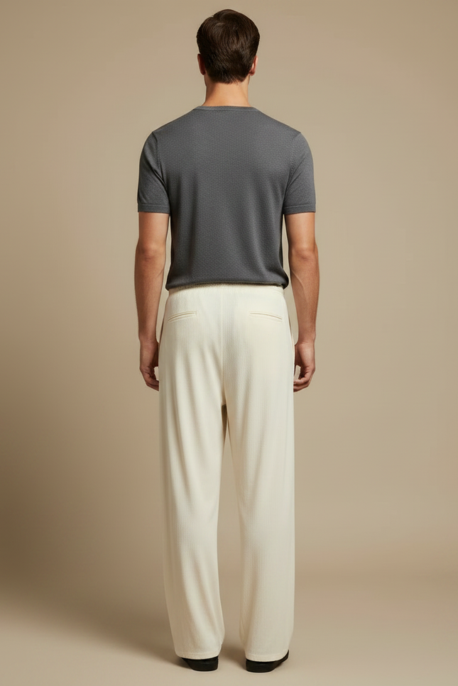 Pantalon Fluide Écru Ample Texturé Cordon Décontracté Homme - Beige Maille - vue 2