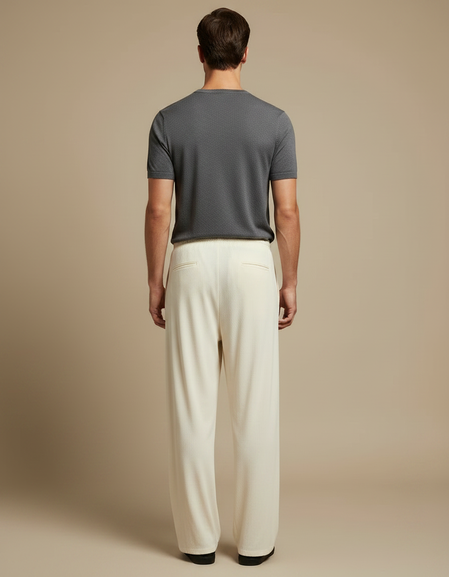 Pantalon Fluide Écru Ample Texturé Cordon Décontracté Homme - Beige Maille - vue 2