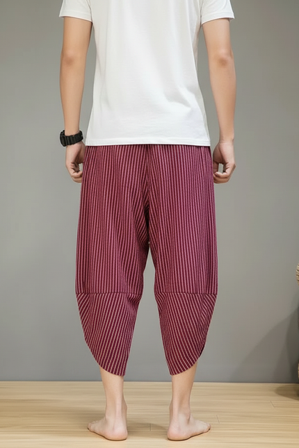 Pantalon Fluide Rayé Rouge Ample Coton Homme - Bordeaux - vue 2