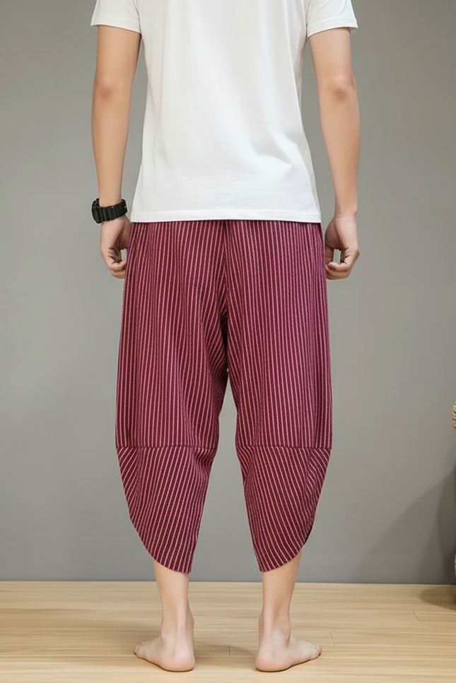 Pantalon Fluide Rayé Rouge Ample Coton Homme - Bordeaux - vue 2