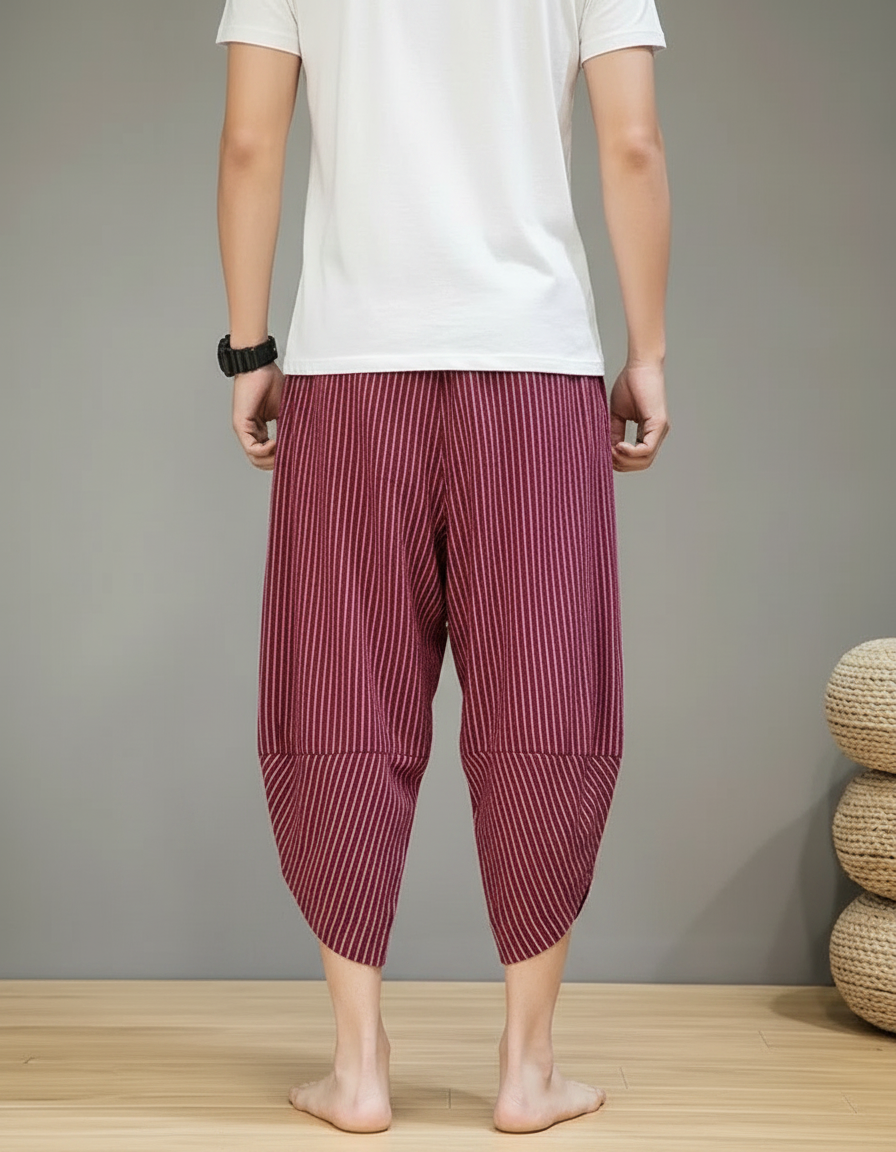Pantalon Fluide Rayé Rouge Ample Coton Homme - Bordeaux - vue 2