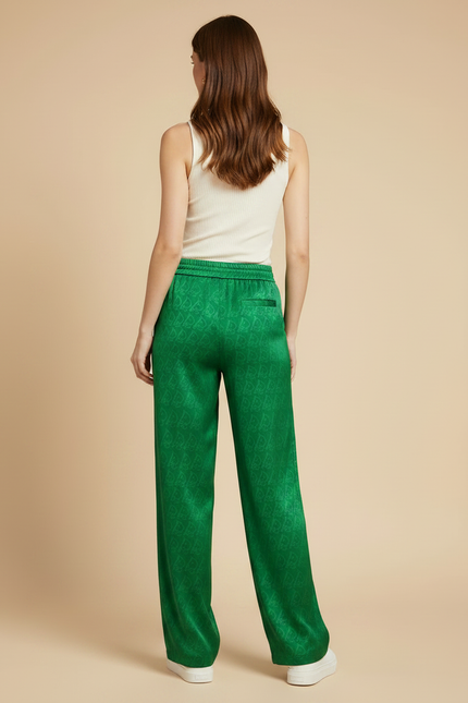 Pantalon Fluide Vert Satiné Ample Motif Jacquard Femme - vue 2