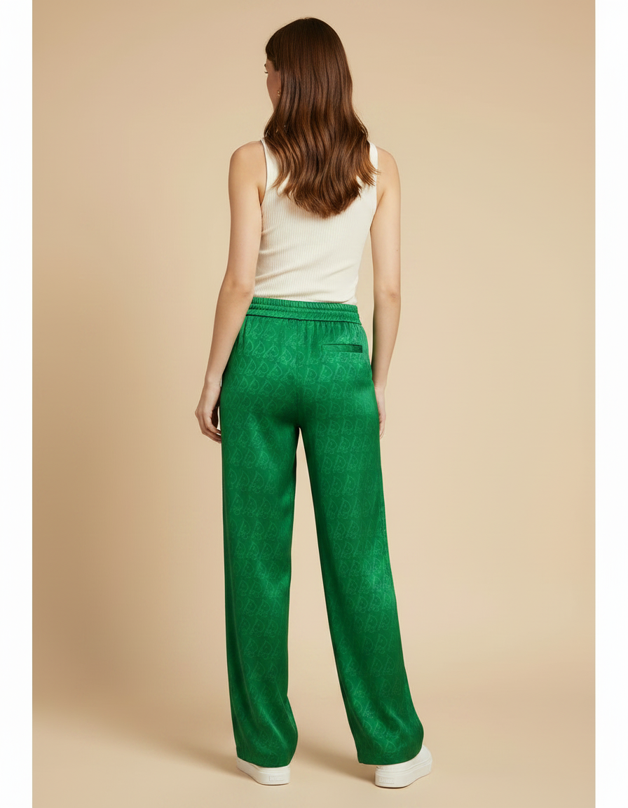Pantalon Fluide Vert Satiné Ample Motif Jacquard Femme - vue 2
