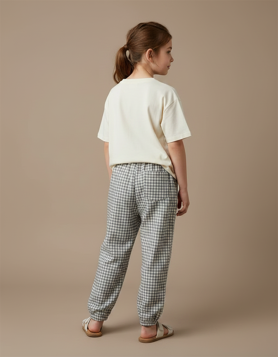 Pantalon Fluide Carreaux Vichy Ample Coton Enfant - Vert - vue 2