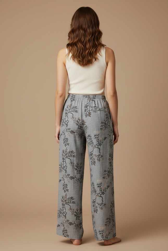 Pantalon Fluide Gris Ample Imprimé Floral Confortable Femme - Viscose - vue 2