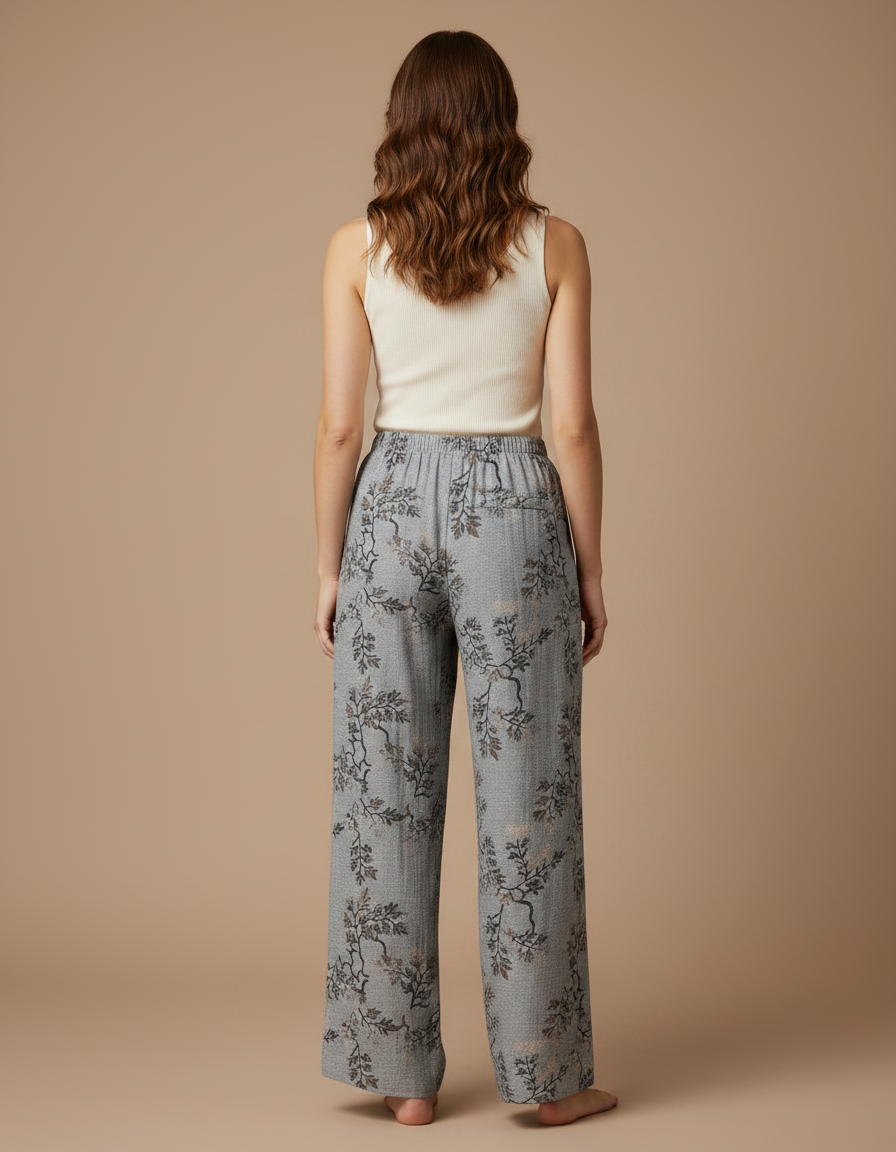 Pantalon Fluide Gris Ample Imprimé Floral Confortable Femme - Viscose - vue 2