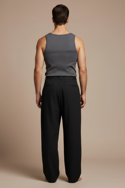 Pantalon Fluide Noir Plissé Ample Lin Homme - vue 2