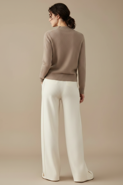 Pantalon Fluide Écru Laine Ample Tricoté Fendu - Beige - vue 2