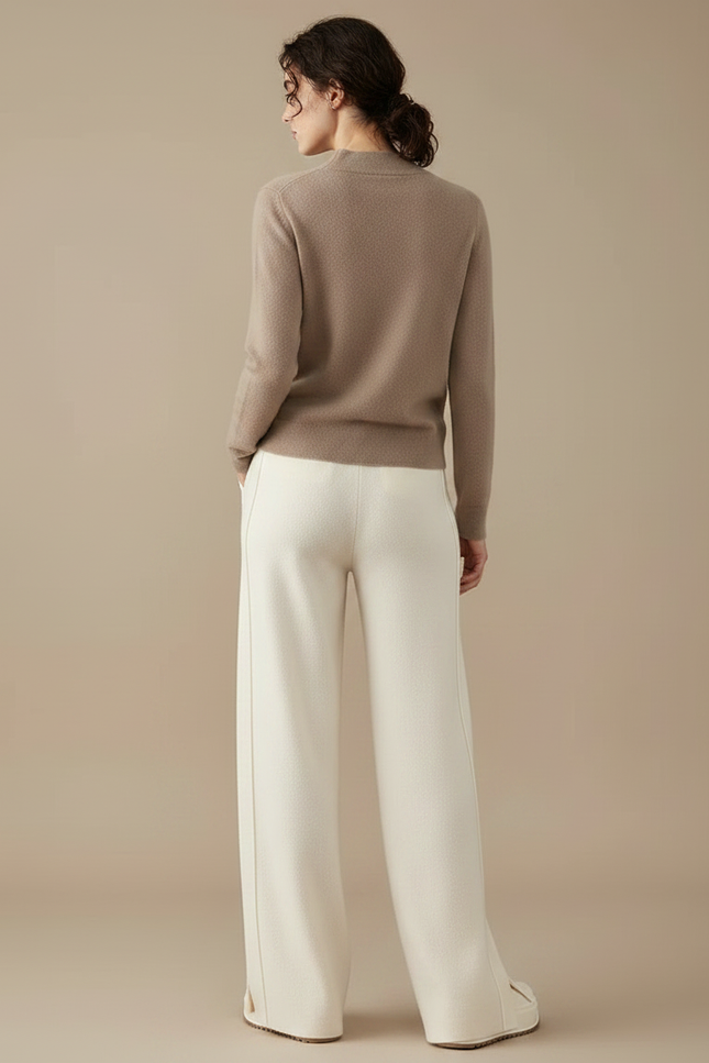 Pantalon Fluide Écru Laine Ample Tricoté Fendu - Beige - vue 2