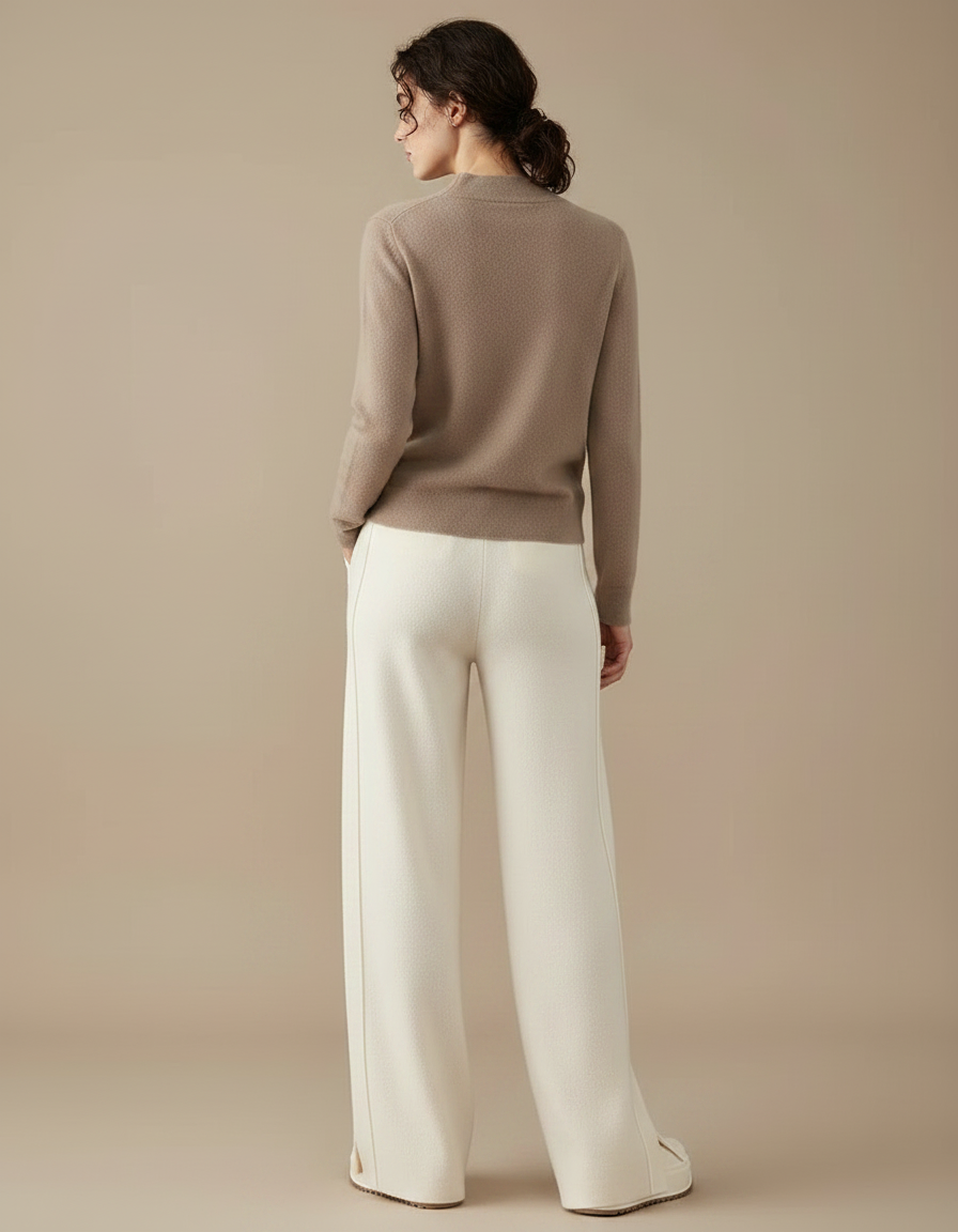 Pantalon Fluide Écru Laine Ample Tricoté Fendu - Beige - vue 2