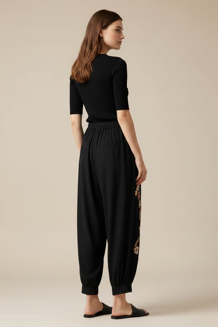 Pantalon Fluide Noir Brodé Ample Élastique Bohème - Viscose - vue 2