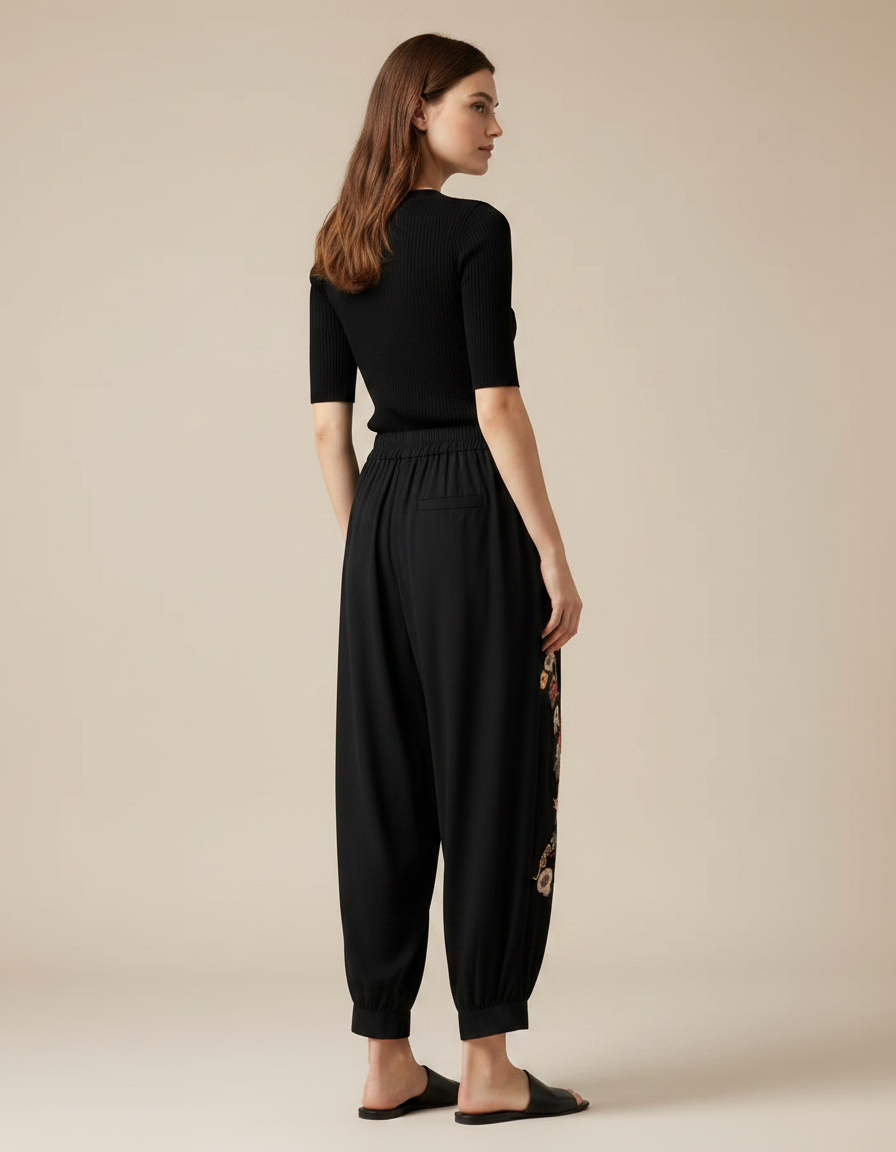 Pantalon Fluide Noir Brodé Ample Élastique Bohème - Viscose - vue 2