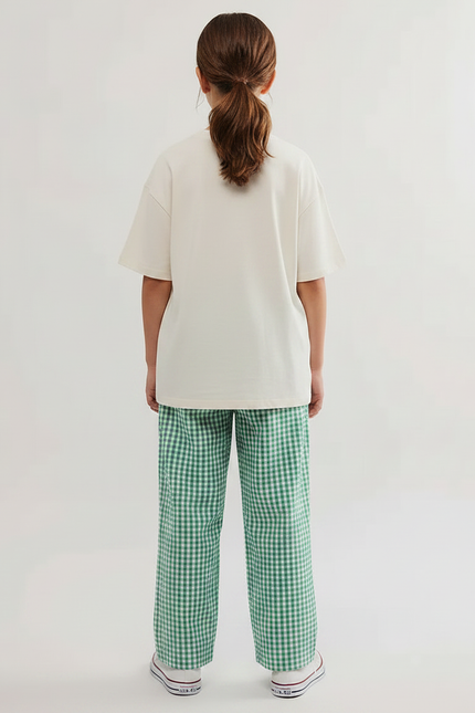 Pantalon Fluide Carreaux Vichy Vert Ample Enfant Coton - vue 2