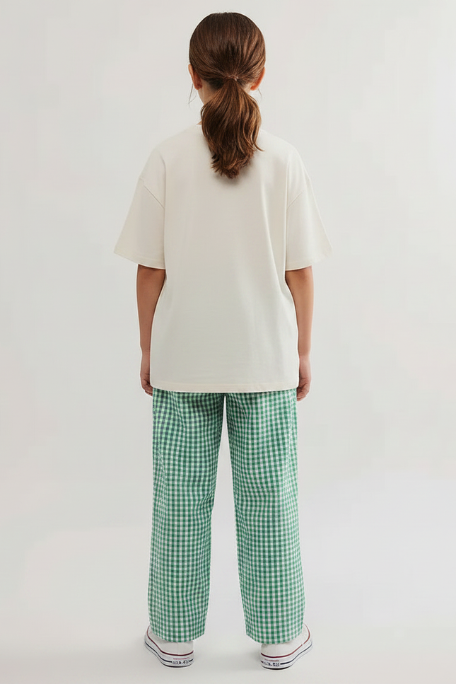 Pantalon Fluide Carreaux Vichy Vert Ample Enfant Coton - vue 2