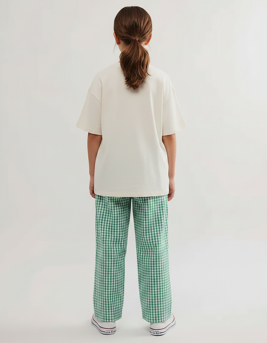 Pantalon Fluide Carreaux Vichy Vert Ample Enfant Coton - vue 2