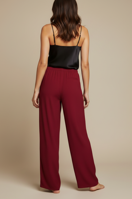Pantalon Fluide Rouge Ample Élégant Femme - Bordeaux Viscose - vue 2