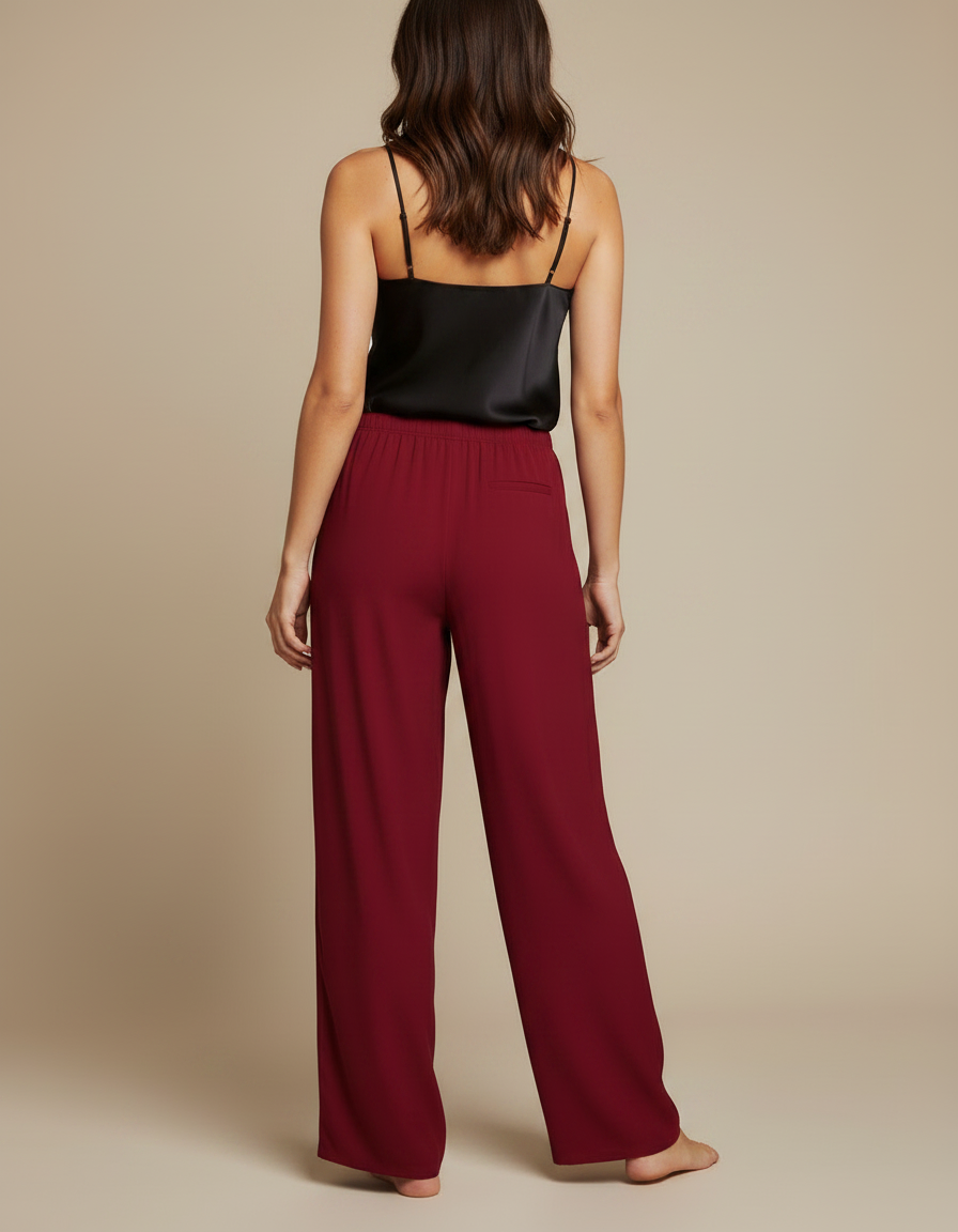 Pantalon Fluide Rouge Ample Élégant Femme - Bordeaux Viscose - vue 2