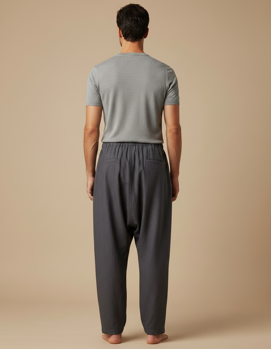 Pantalon Fluide Gris Ample Coton Homme Décontracté - Lin - vue 2