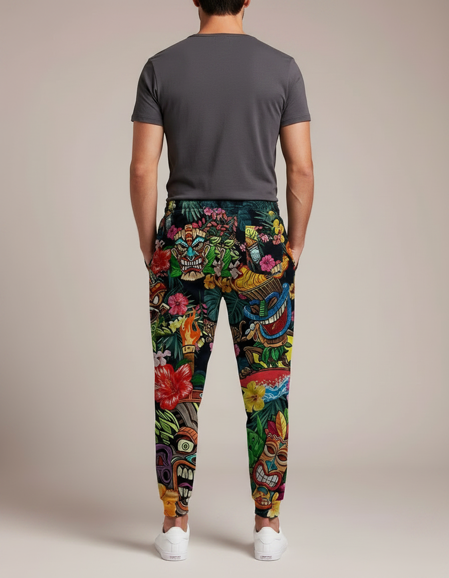 Pantalon Fluide Noir Imprimé Tiki Floral Homme - Multicolore Molleton - vue 2