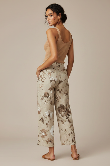 Pantalon Fluide Imprimé Floral Lin Ample Beige Élégant - vue 2