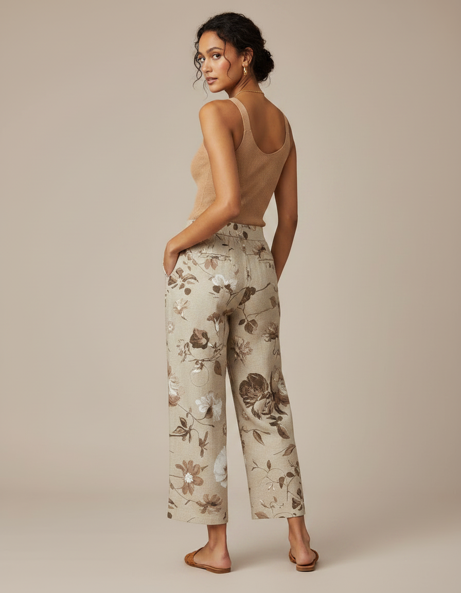 Pantalon Fluide Imprimé Floral Lin Ample Beige Élégant - vue 2