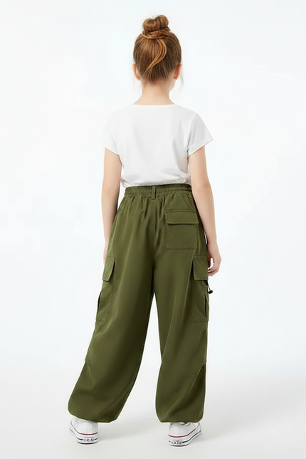 Pantalon Fluide Cargo Vert Ample Décontracté Enfant - Kaki Viscose - vue 2