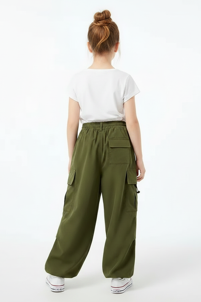 Pantalon Fluide Cargo Vert Ample Décontracté Enfant - Kaki Viscose - vue 2