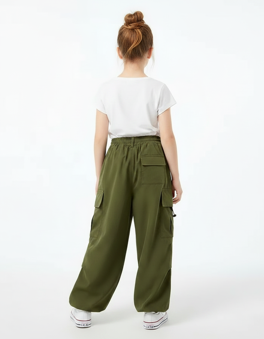 Pantalon Fluide Cargo Vert Ample Décontracté Enfant - Kaki Viscose - vue 2